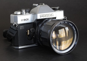 Fujica ST801 with a Pentax Super-Takumar lens - the camera is compatible with almost any 42mm screw mount lens (with stopped down aperture)