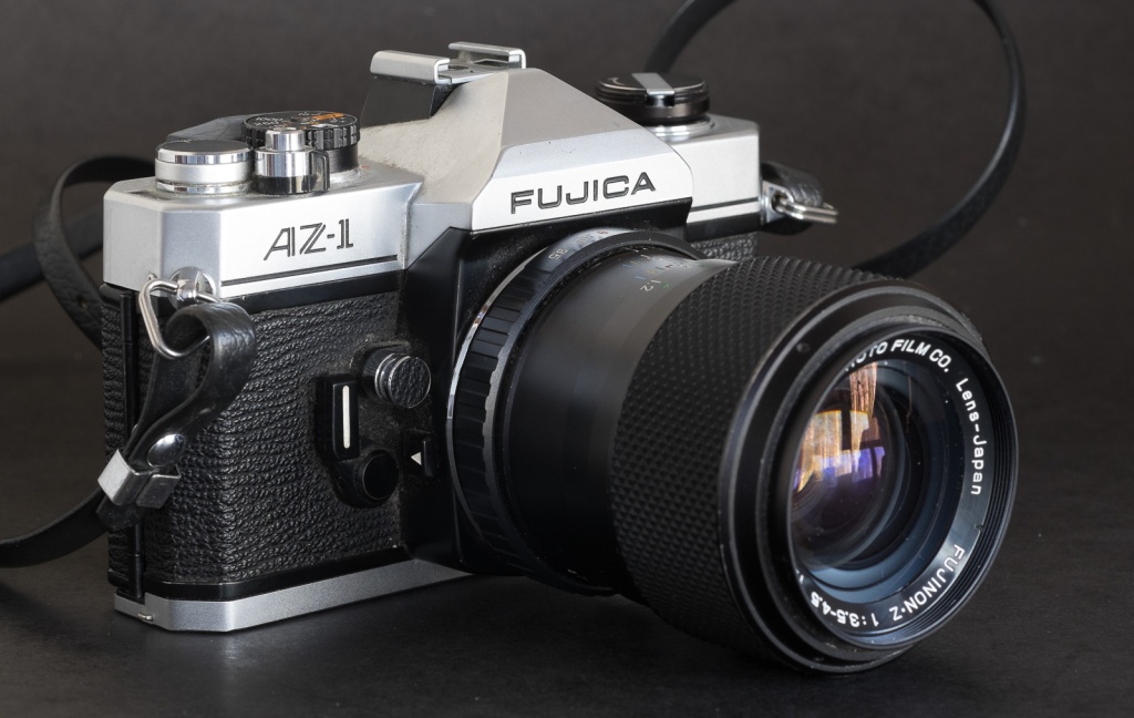 Fujica AZ-1 and Fujinon-X f/3.5-4.5 43mm-75mm zoom - the AZ-1 was the first mass market SLR bundled with a zoom as the standard lens.