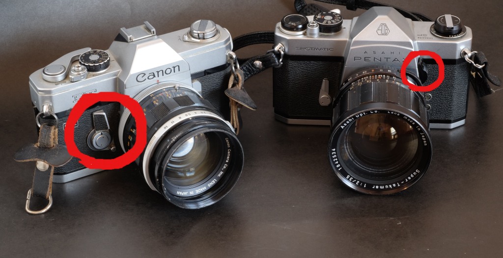 The Canon FT/QL and the Pentaxx Spotmatic SP both offer Stopped Down Metering. To determine the exposure, the photographer has to push the big switch to the left (Canon) or to lift the switch in the red circle (Pentax) - which is not a very natural movement. You wish you had three hands. 
